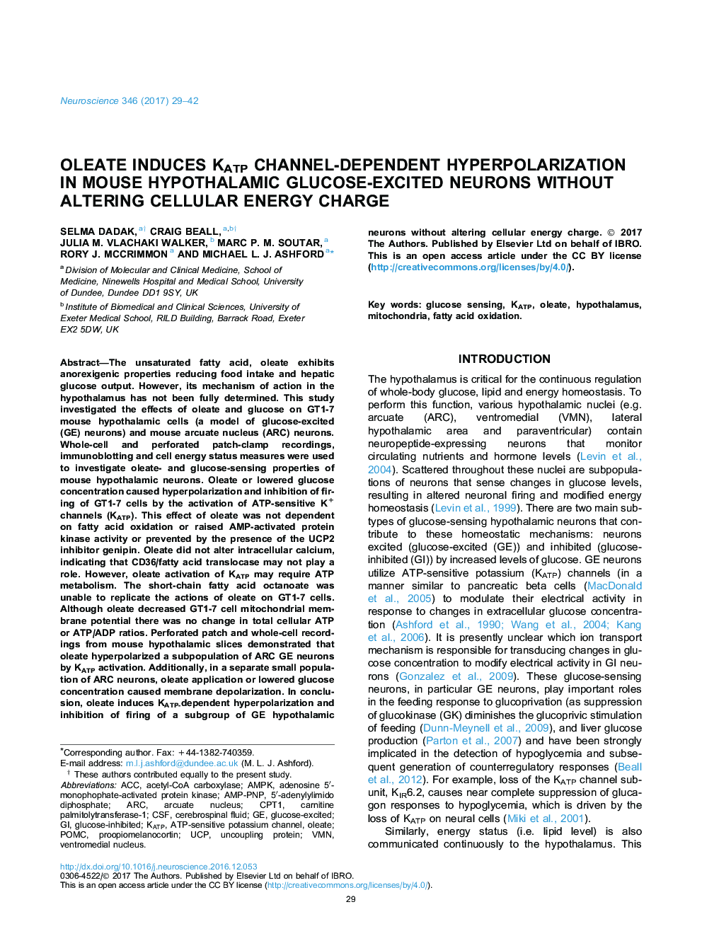 Oleate induces KATP channel-dependent hyperpolarization in mouse hypothalamic glucose-excited neurons without altering cellular energy charge