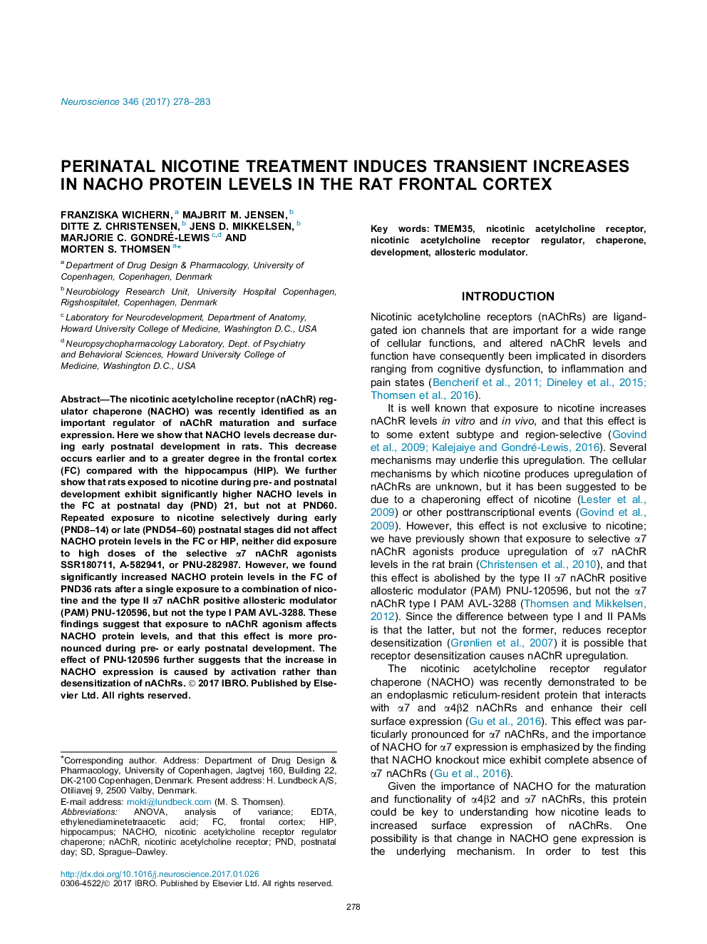 Perinatal nicotine treatment induces transient increases in NACHO protein levels in the rat frontal cortex