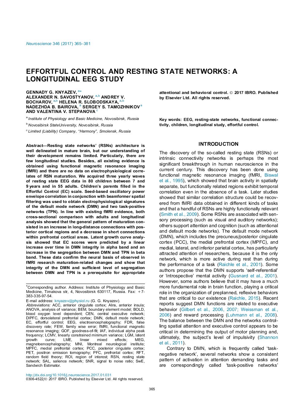 Effortful control and resting state networks: A longitudinal EEG study