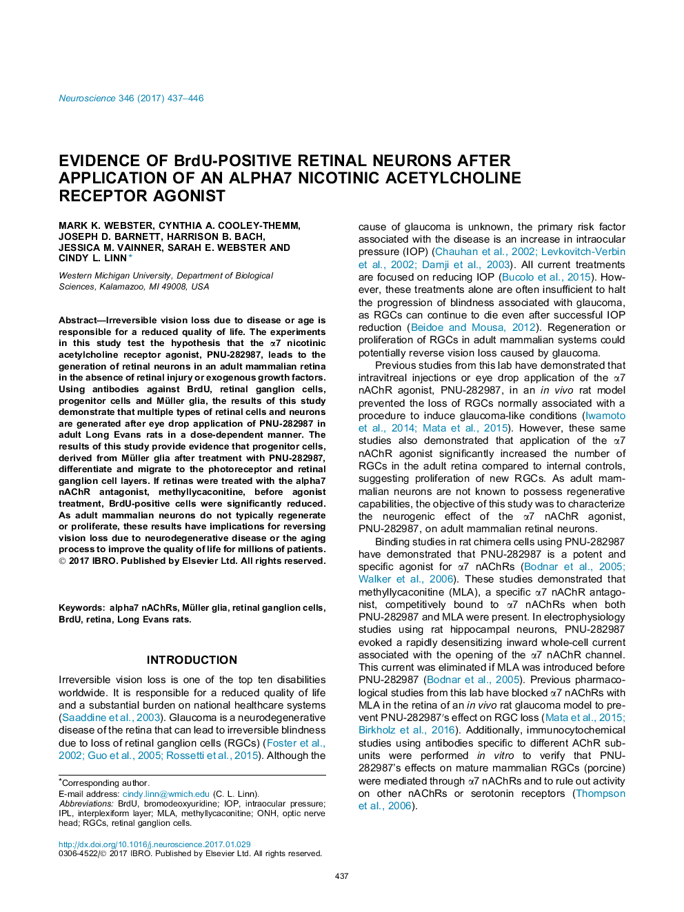 Evidence of BrdU-positive retinal neurons after application of an Alpha7 nicotinic acetylcholine receptor agonist