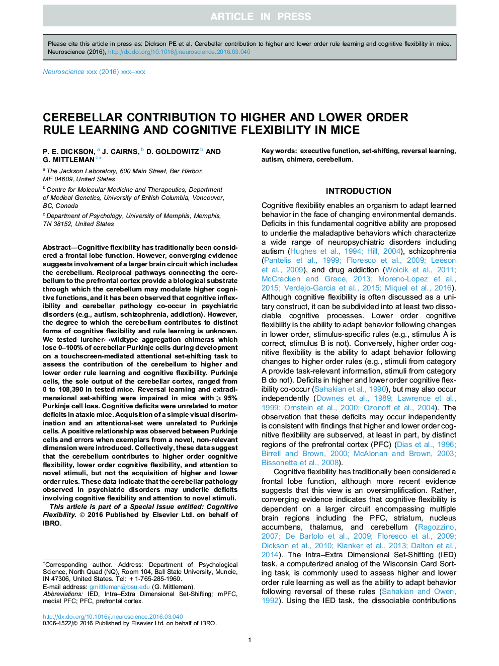 Cerebellar contribution to higher and lower order rule learning and cognitive flexibility in mice