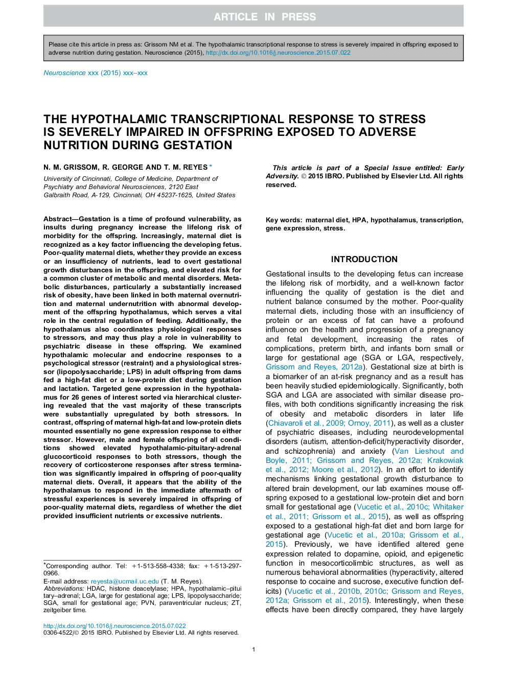 پاسخ هیپوتالامم رونویسی به استرس در فرزندان در معرض مواد مغذی ناخواسته در طول بارداری شدید است 