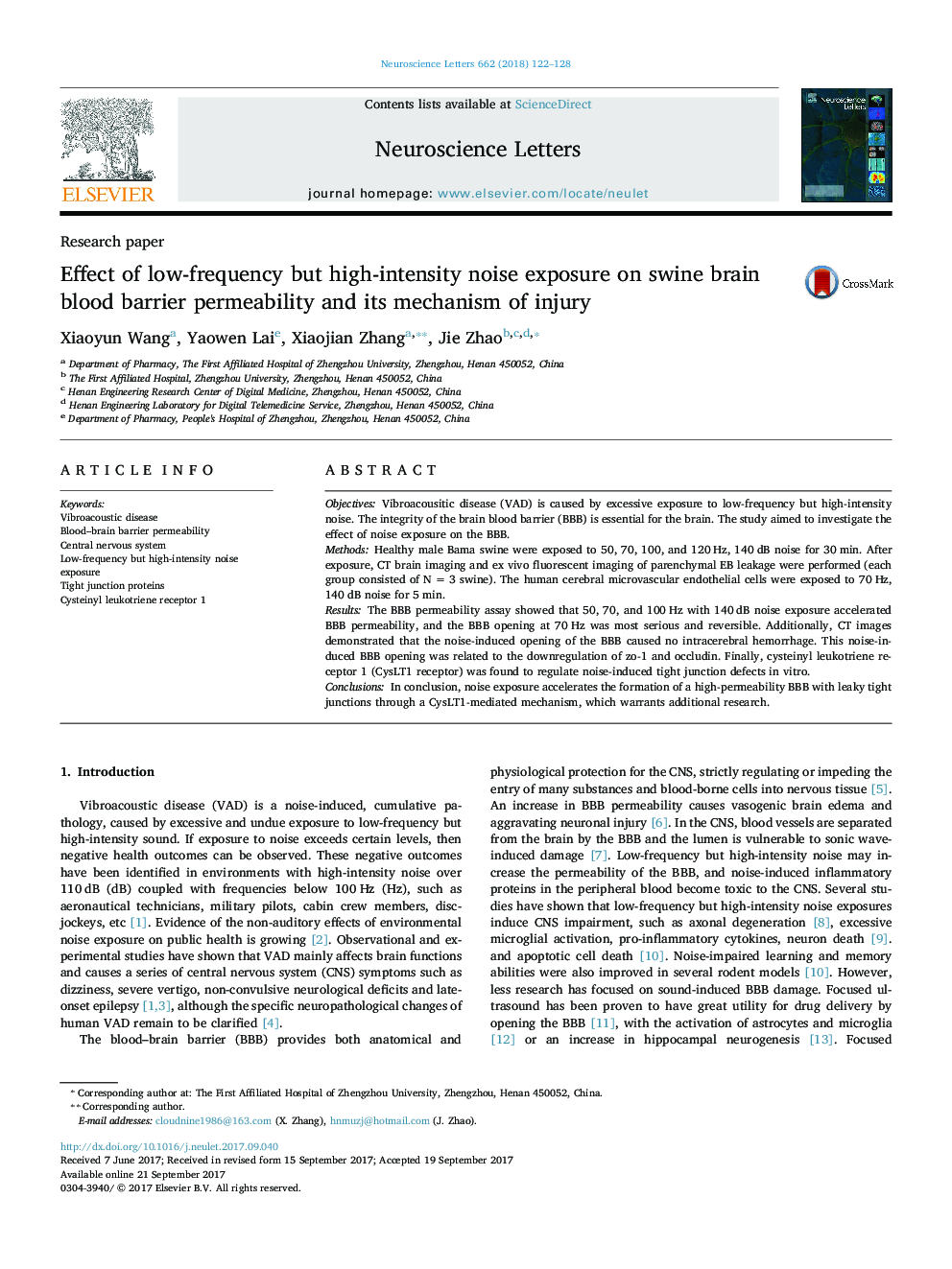 Research paperEffect of low-frequency but high-intensity noise exposure on swine brain blood barrier permeability and its mechanism of injury