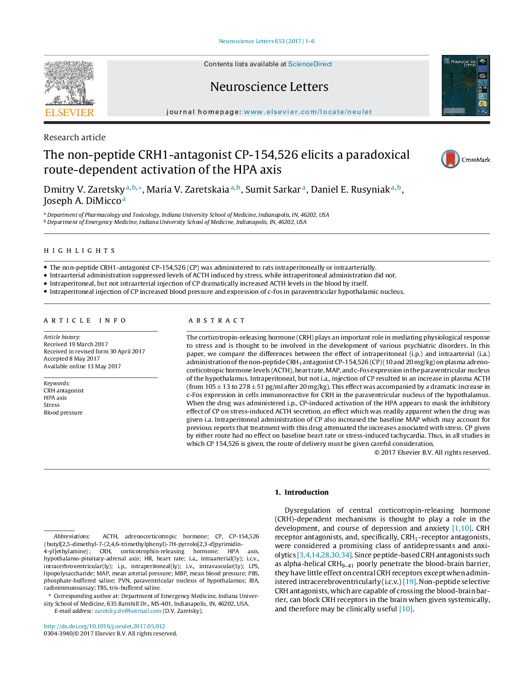 Research articleThe non-peptide CRH1-antagonist CP-154,526 elicits a paradoxical route-dependent activation of the HPA axis