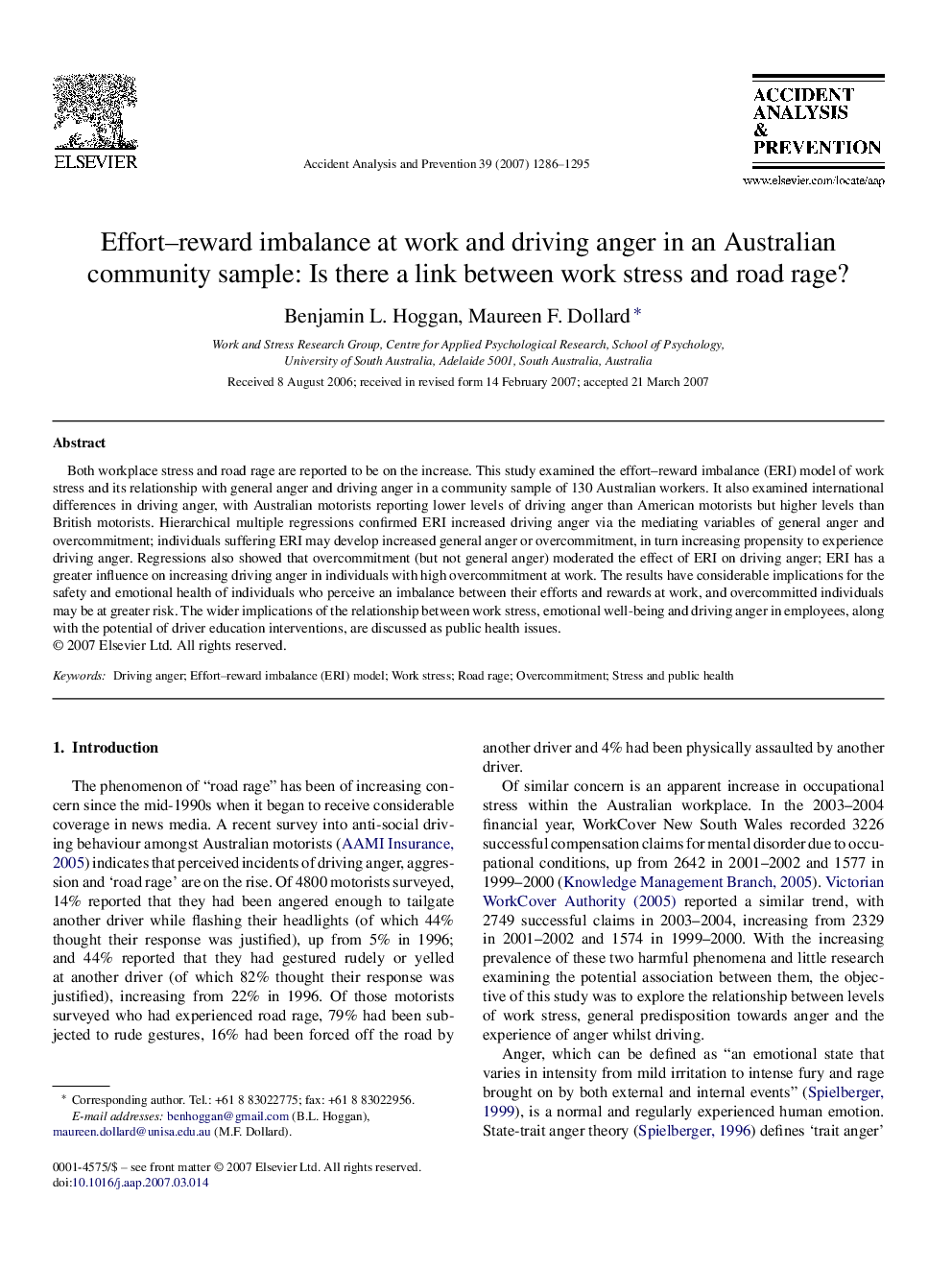 Effort–reward imbalance at work and driving anger in an Australian community sample: Is there a link between work stress and road rage?