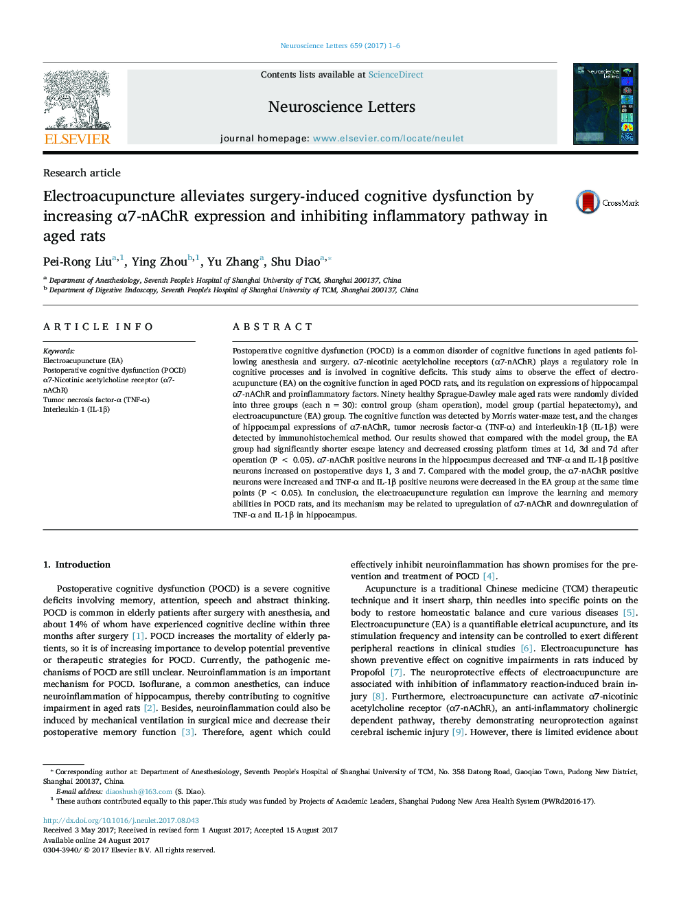 Research articleElectroacupuncture alleviates surgery-induced cognitive dysfunction by increasing Î±7-nAChR expression and inhibiting inflammatory pathway in aged rats