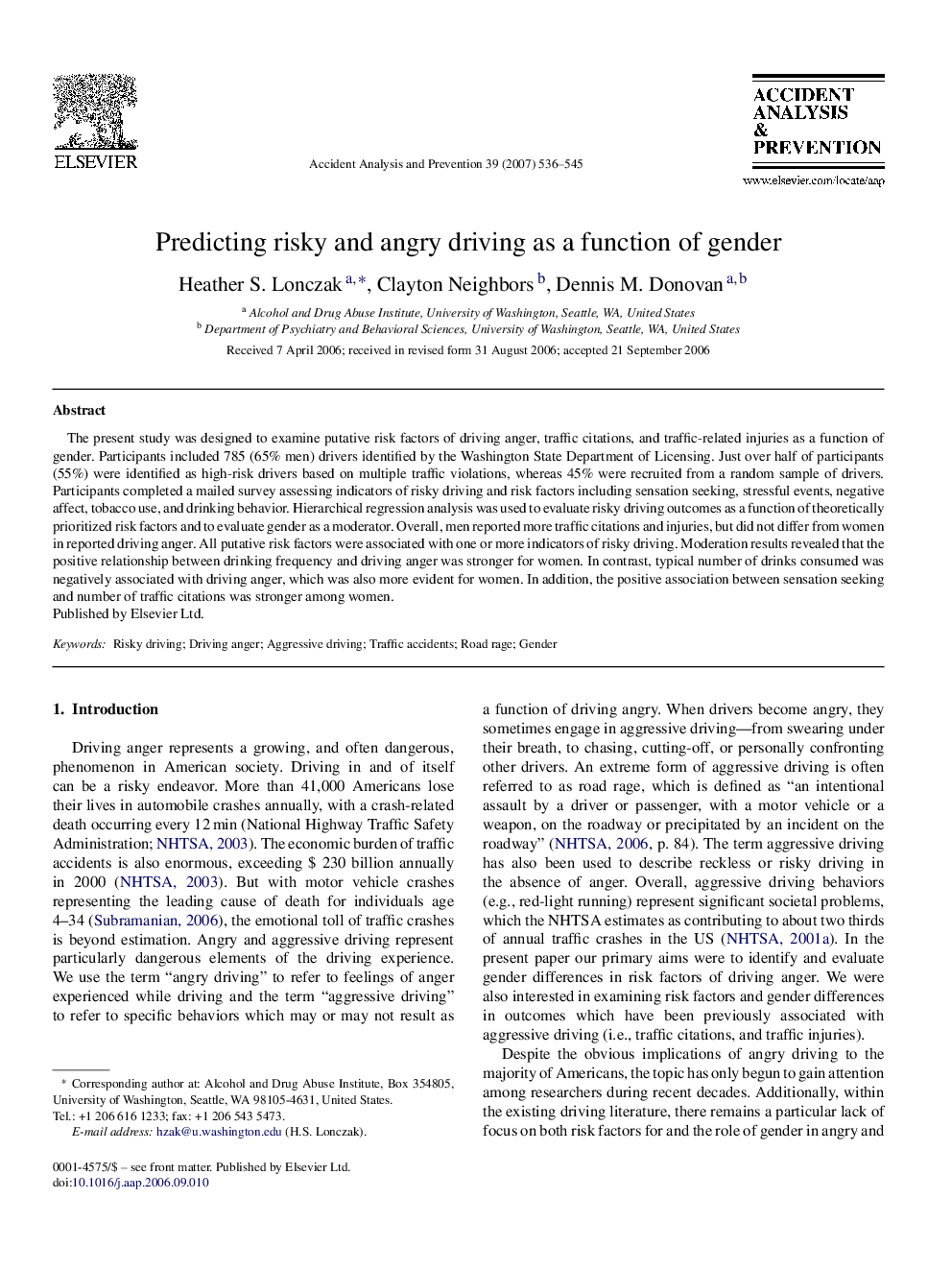 Predicting risky and angry driving as a function of gender