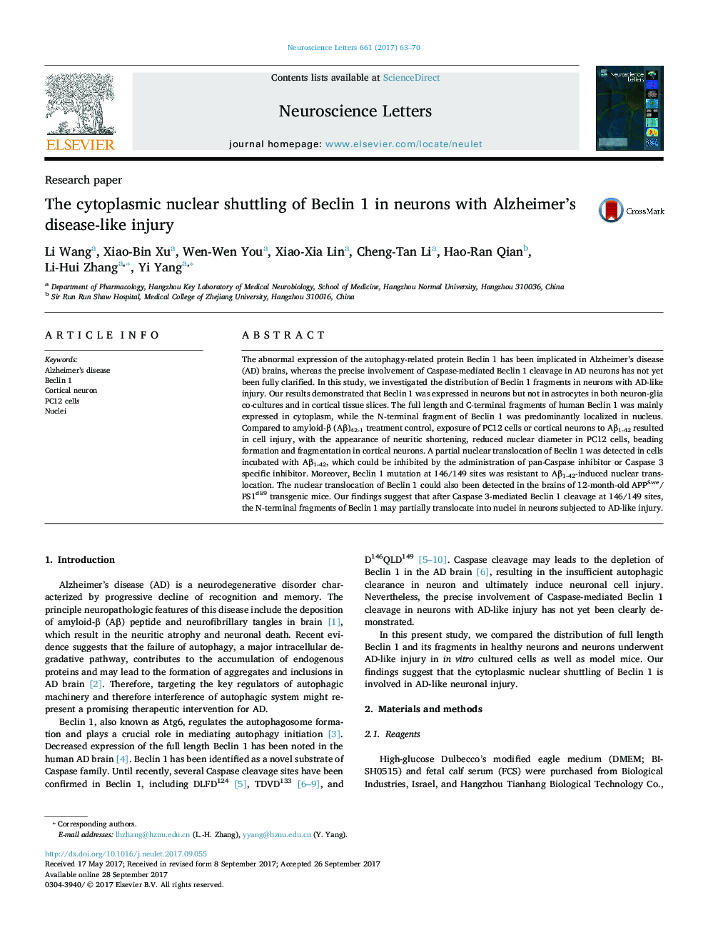 Research paperThe cytoplasmic nuclear shuttling of Beclin 1 in neurons with Alzheimer's disease-like injury