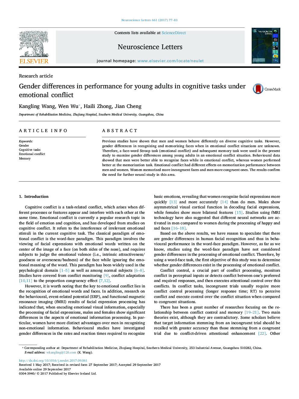 Research articleGender differences in performance for young adults in cognitive tasks under emotional conflict