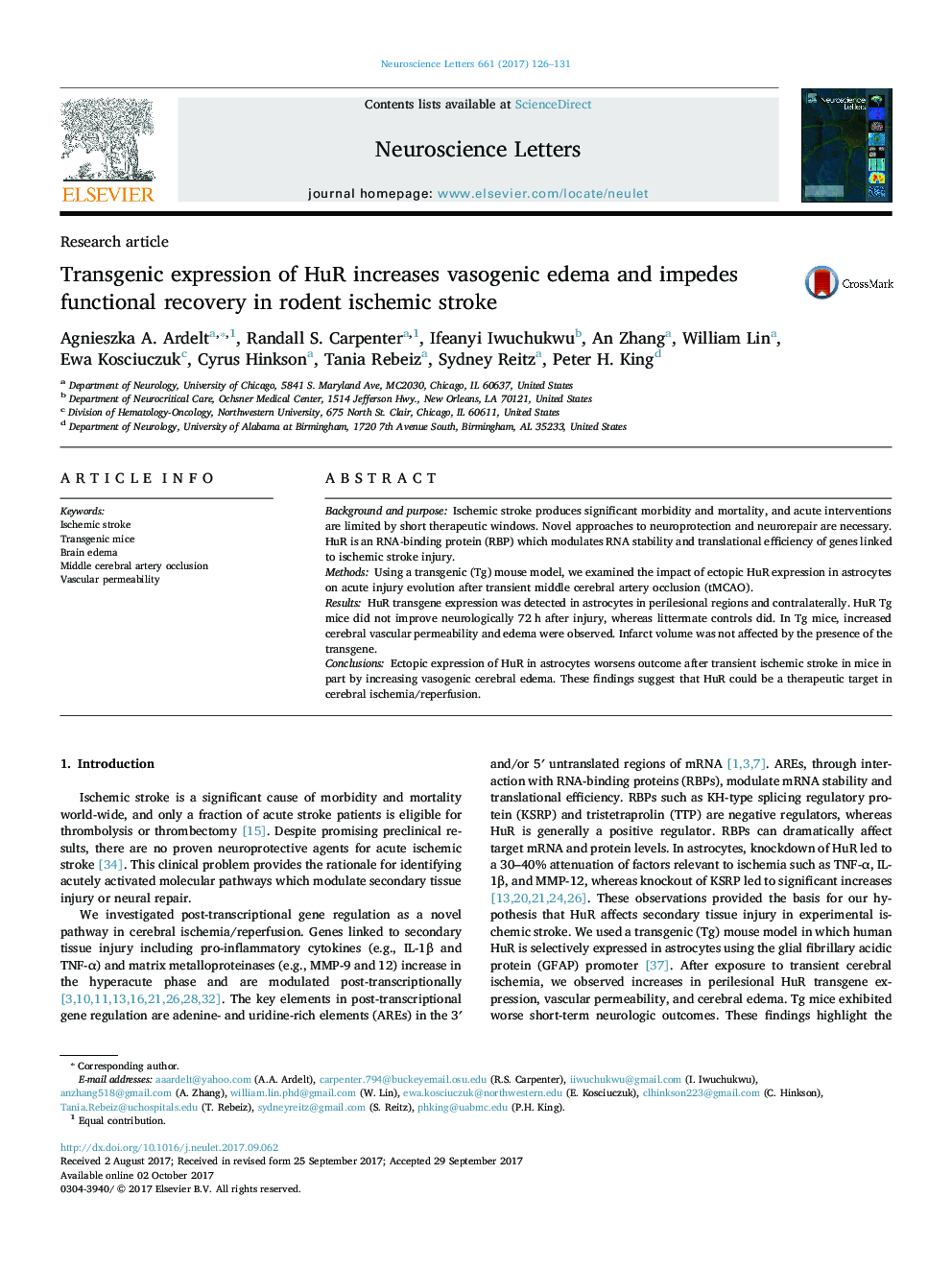 Transgenic expression of HuR increases vasogenic edema and impedes functional recovery in rodent ischemic stroke