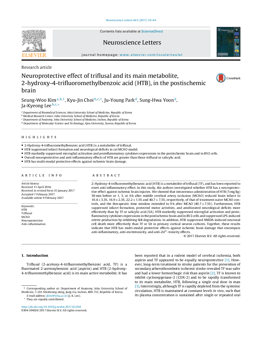 Research articleNeuroprotective effect of triflusal and its main metabolite, 2-hydroxy-4-trifluoromethylbenzoic acid (HTB), in the postischemic brain