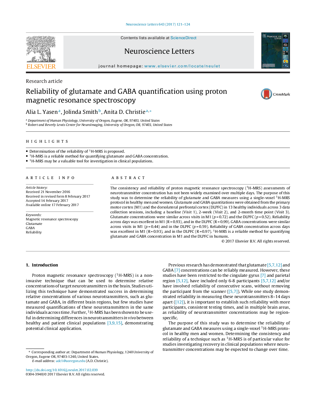 Research articleReliability of glutamate and GABA quantification using proton magnetic resonance spectroscopy