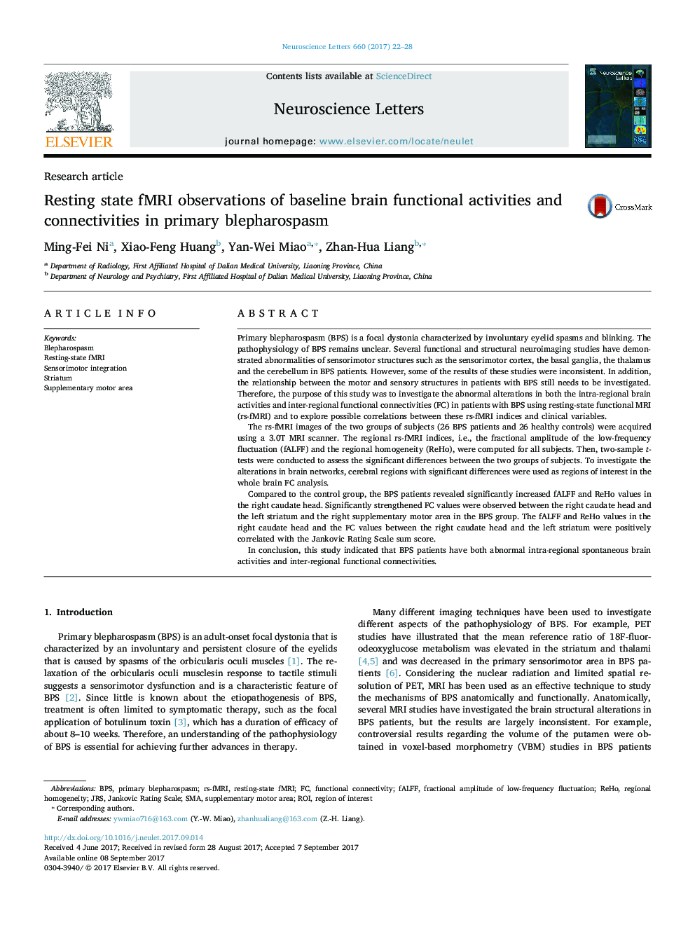 Research articleResting state fMRI observations of baseline brain functional activities and connectivities in primary blepharospasm