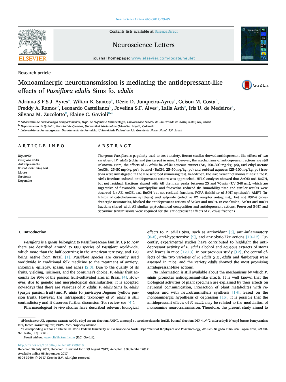 Research articleMonoaminergic neurotransmission is mediating the antidepressant-like effects of Passiflora edulis Sims fo. edulis