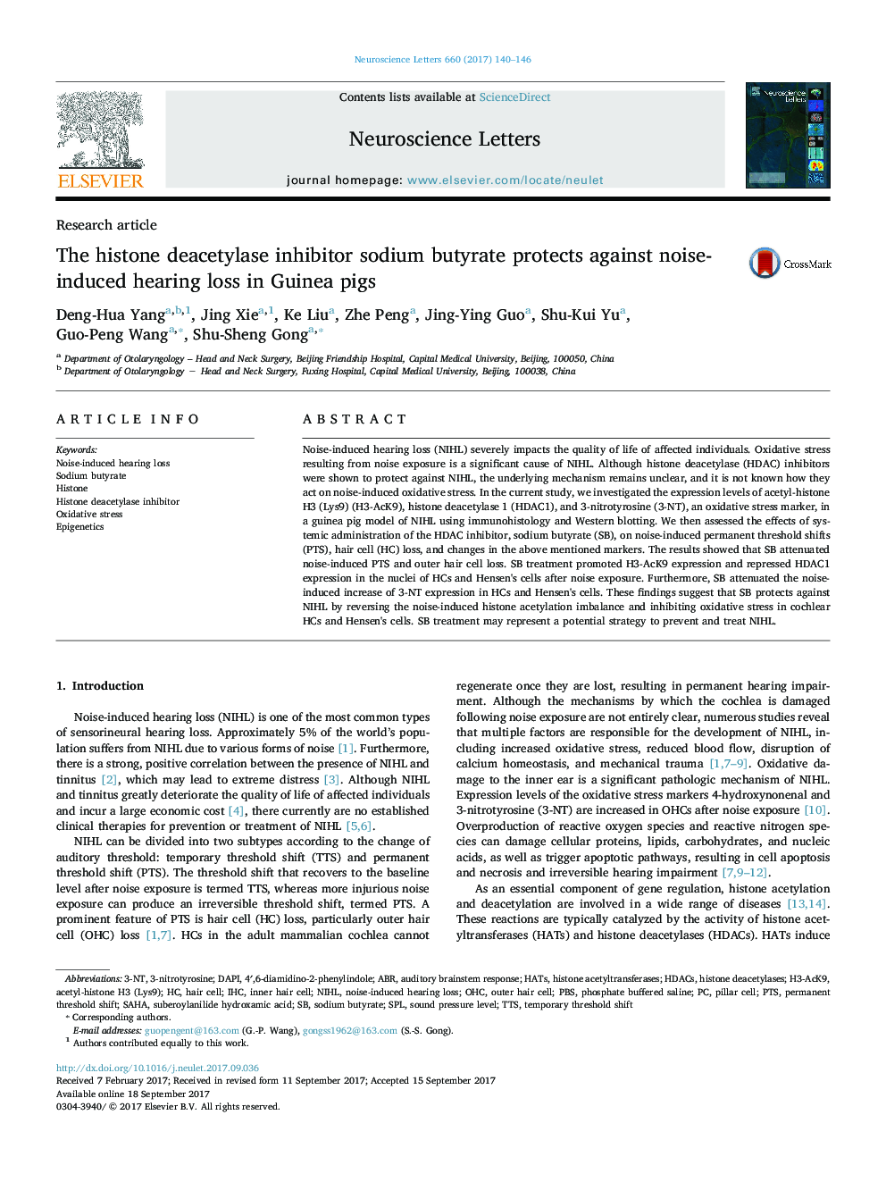 Research articleThe histone deacetylase inhibitor sodium butyrate protects against noise-induced hearing loss in Guinea pigs