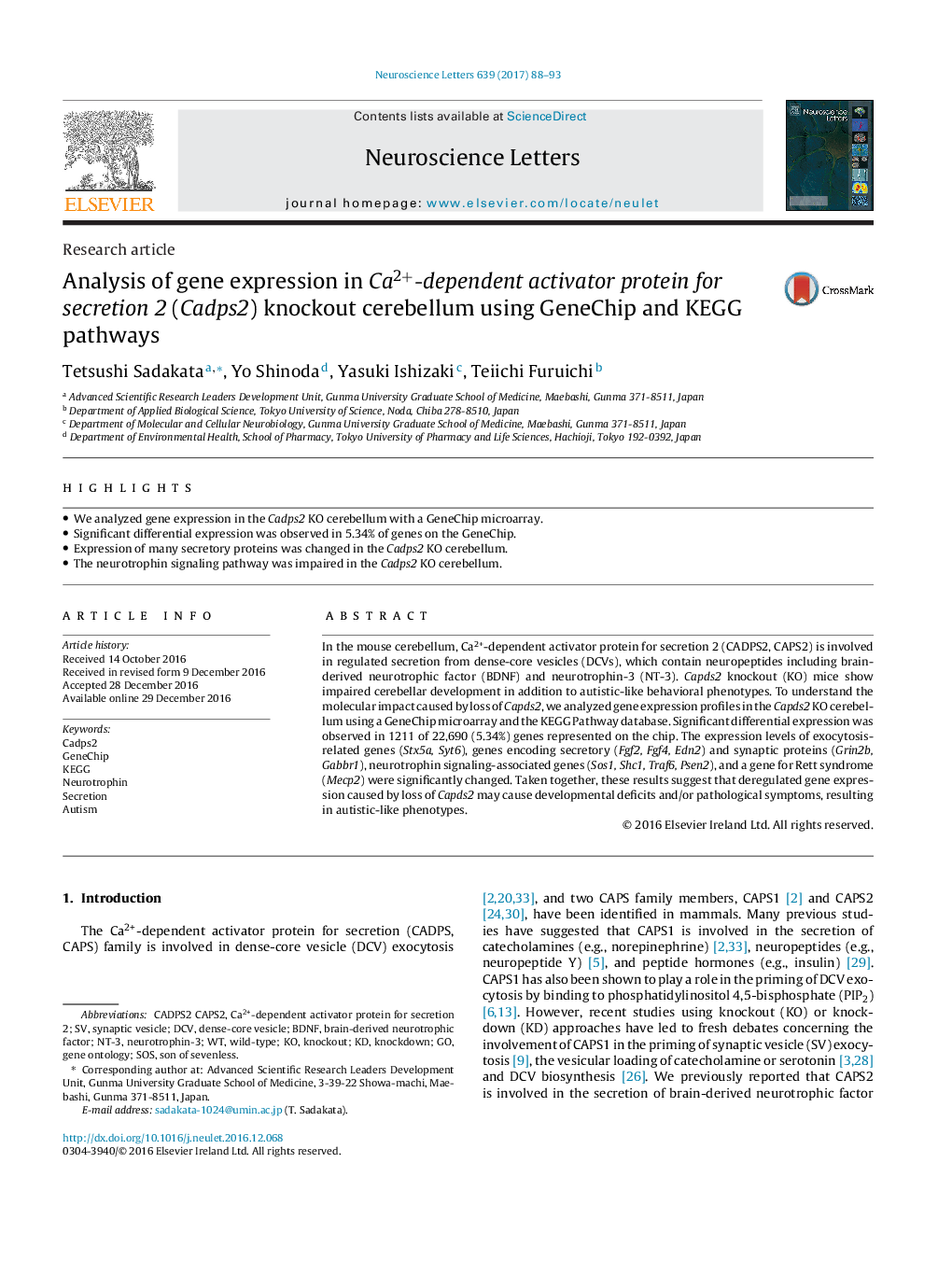 Research articleAnalysis of gene expression in Ca2+-dependent activator protein for secretion 2 (Cadps2) knockout cerebellum using GeneChip and KEGG pathways