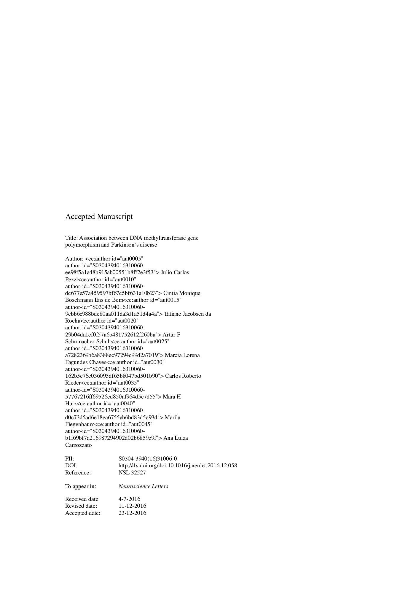 Association between DNA methyltransferase gene polymorphism and Parkinson's disease