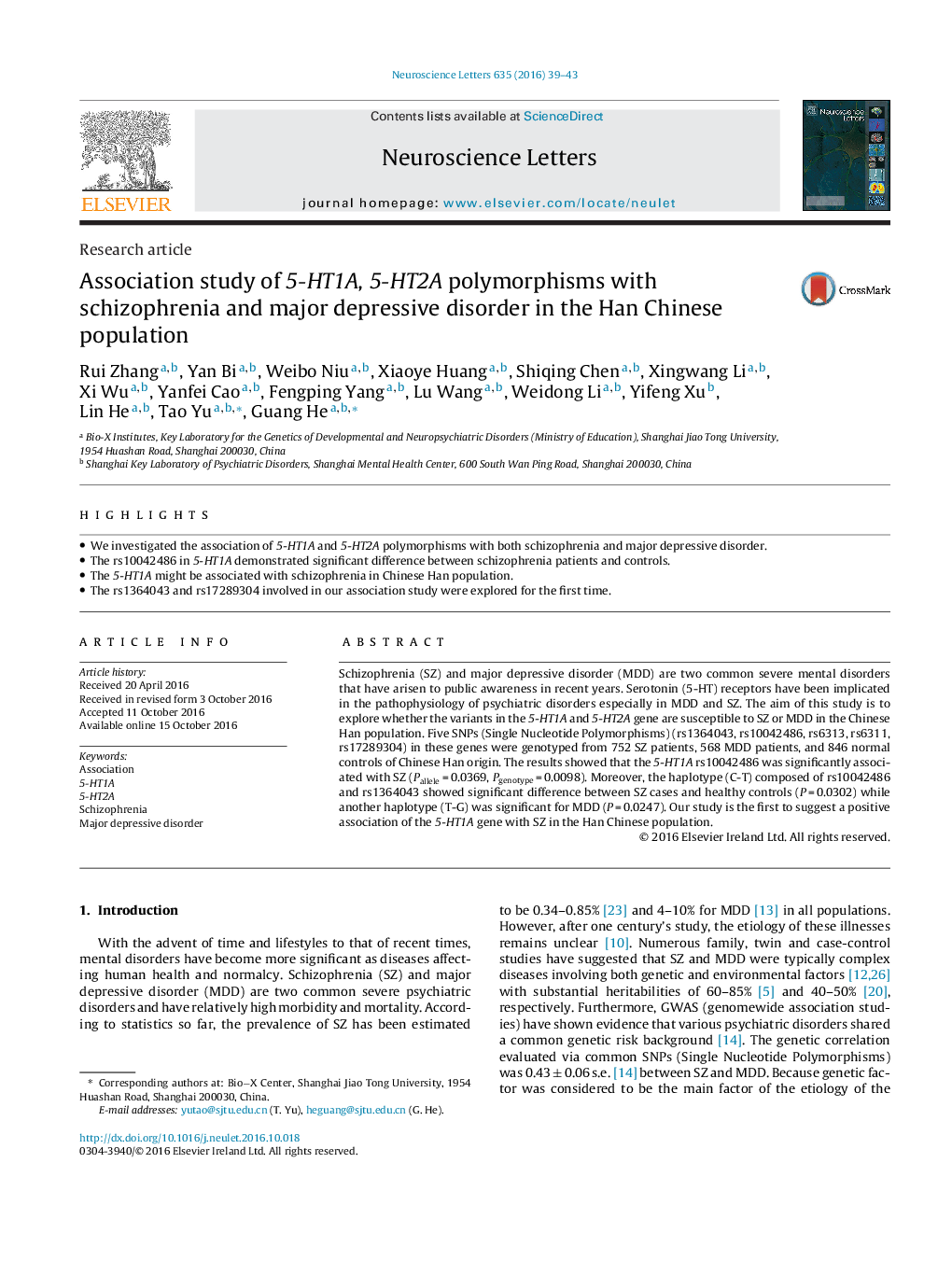 Association study of 5-HT1A, 5-HT2A polymorphisms with schizophrenia and major depressive disorder in the Han Chinese population