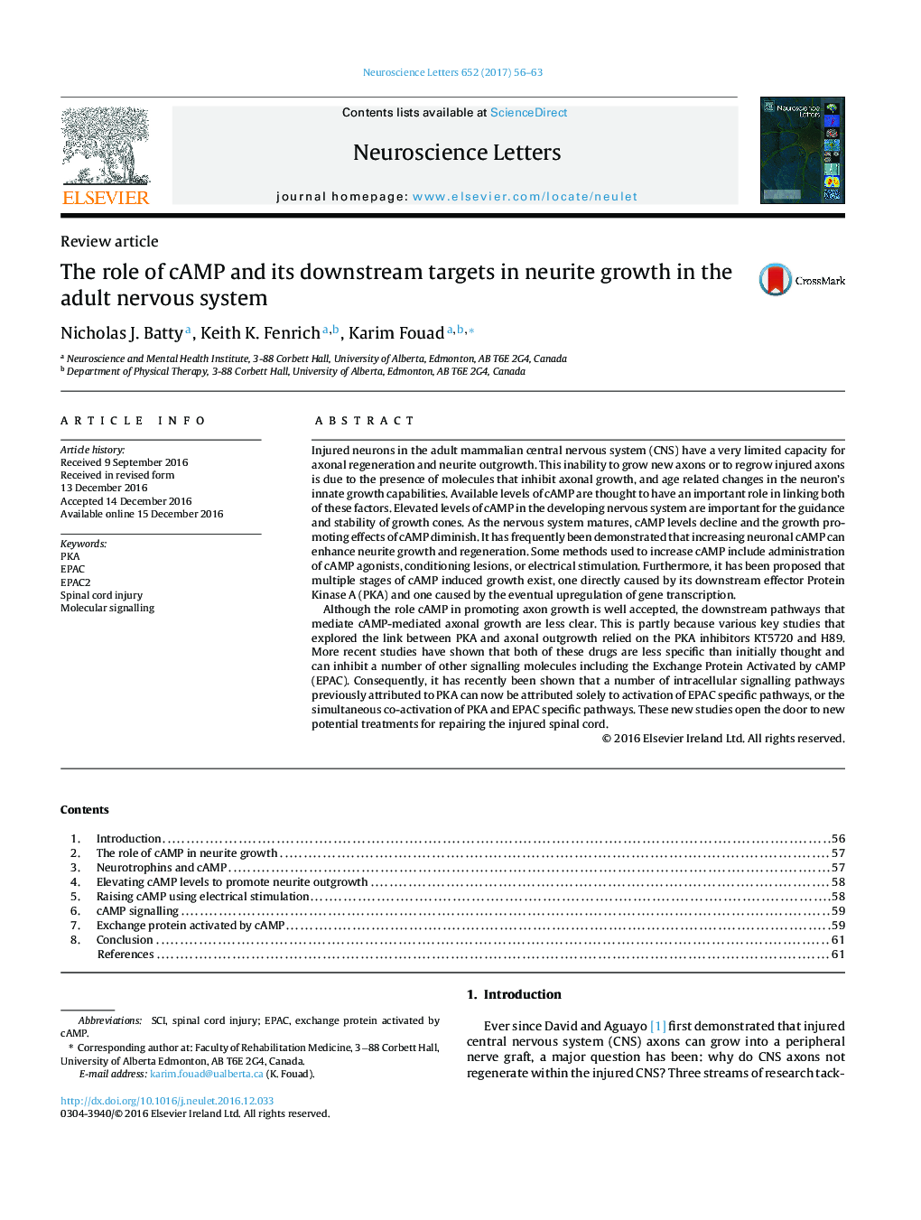 Review articleThe role of cAMP and its downstream targets in neurite growth in the adult nervous system