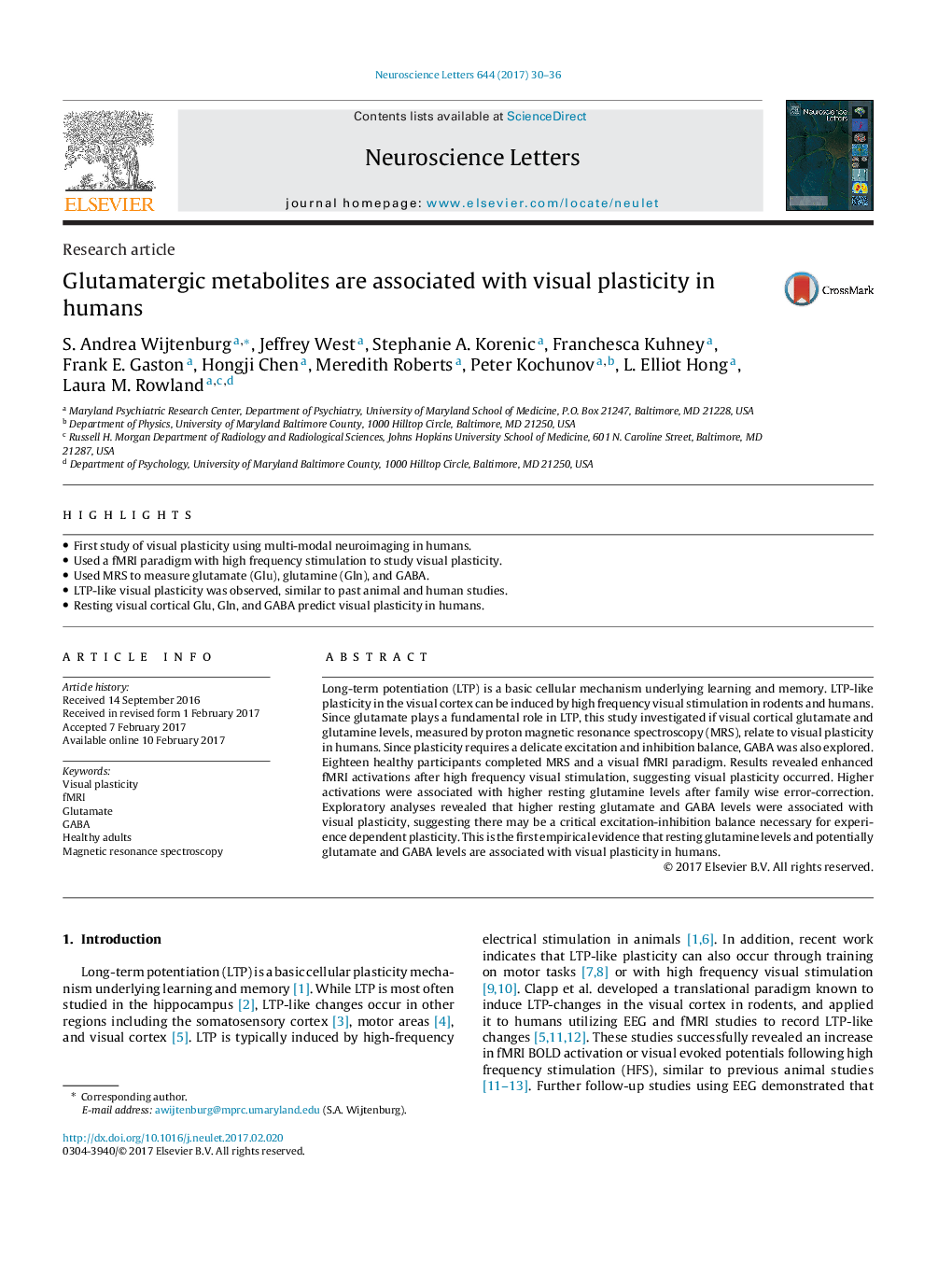 Research articleGlutamatergic metabolites are associated with visual plasticity in humans