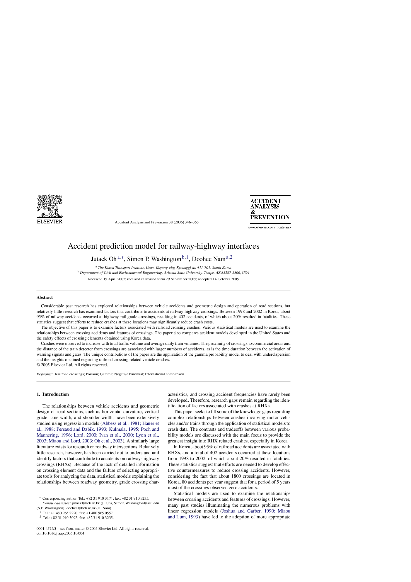 Accident prediction model for railway-highway interfaces