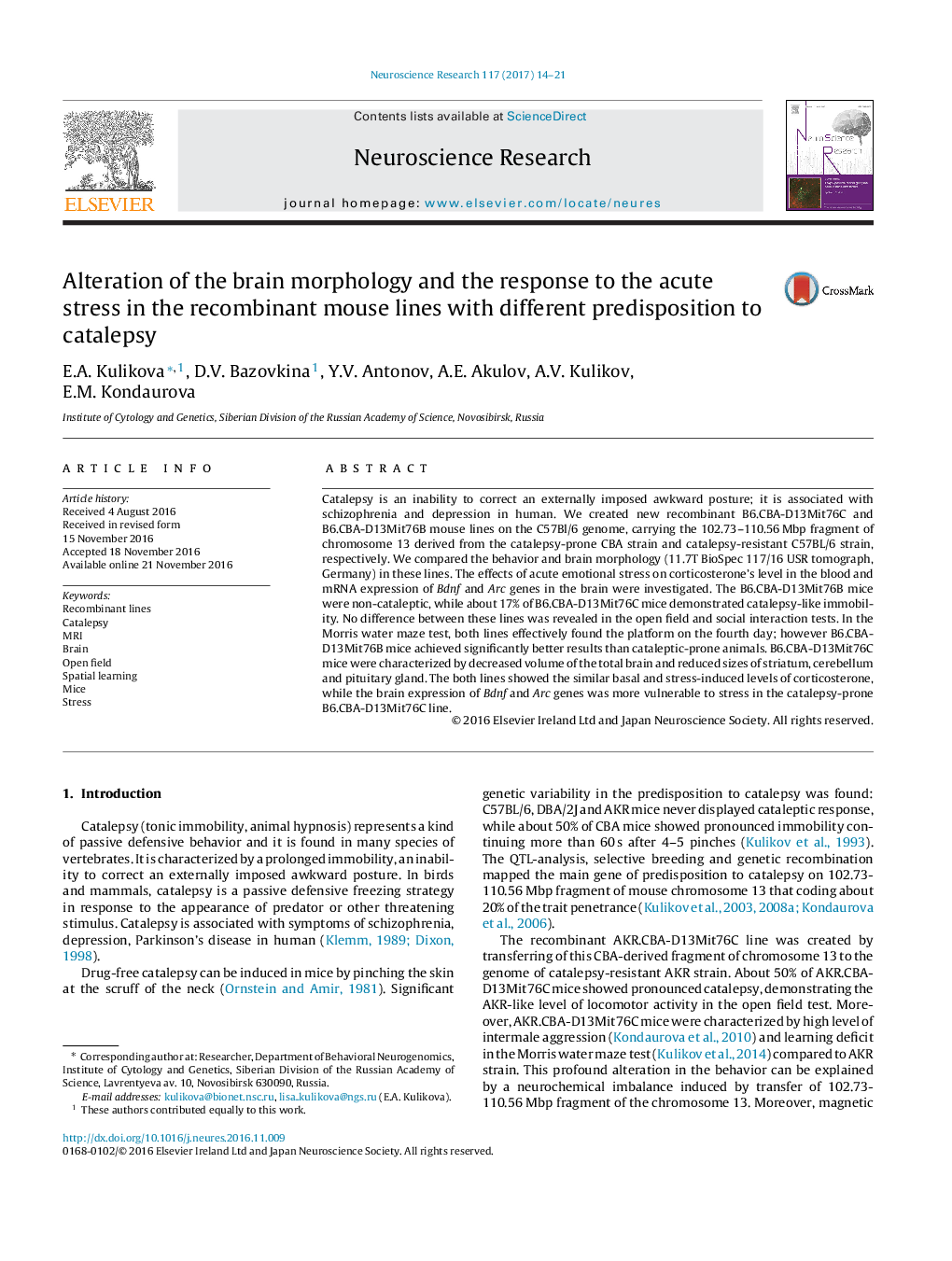 Alteration of the brain morphology and the response to the acute stress in the recombinant mouse lines with different predisposition to catalepsy