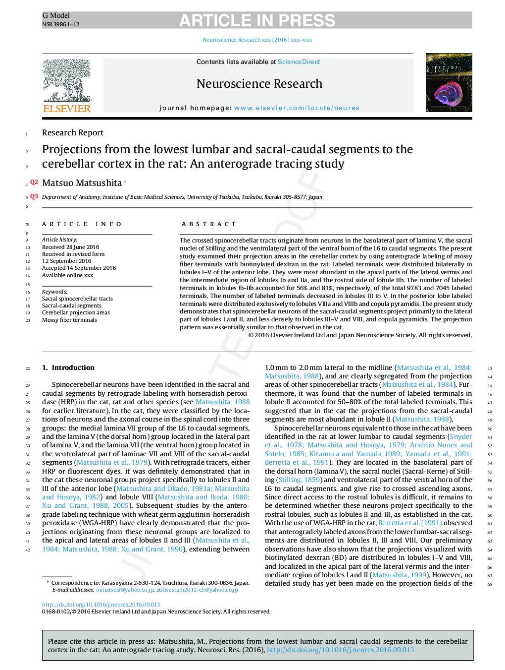 Projections from the lowest lumbar and sacral-caudal segments to the cerebellar cortex in the rat: An anterograde tracing study