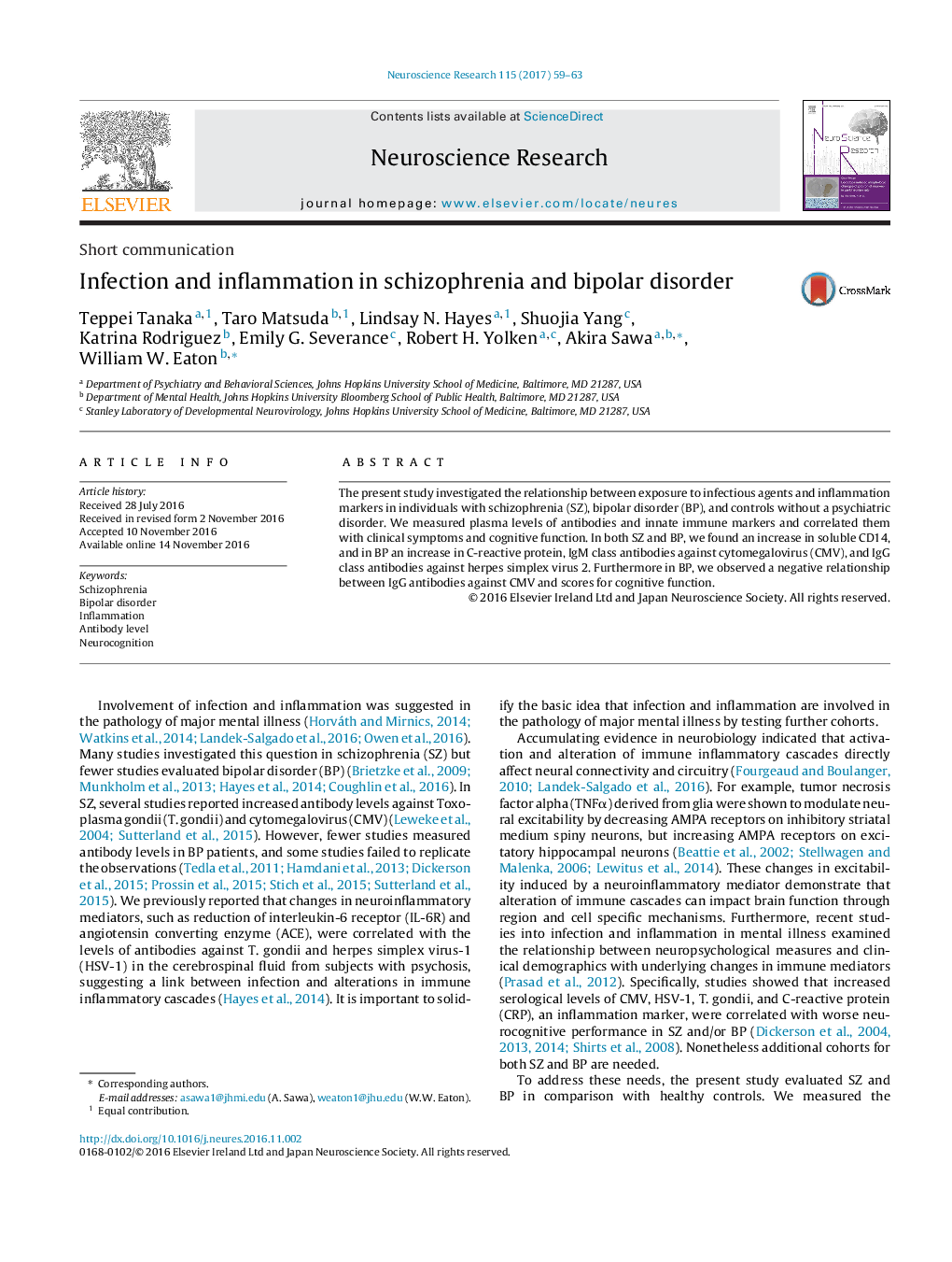 Short communicationInfection and inflammation in schizophrenia and bipolar disorder