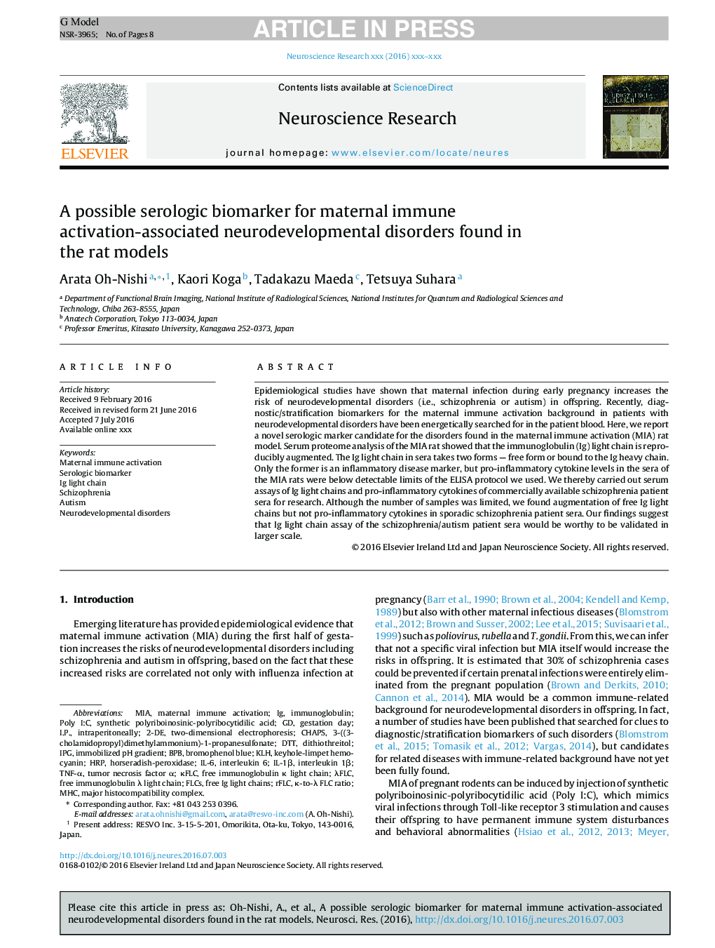 A possible serologic biomarker for maternal immune activation-associated neurodevelopmental disorders found in the rat models