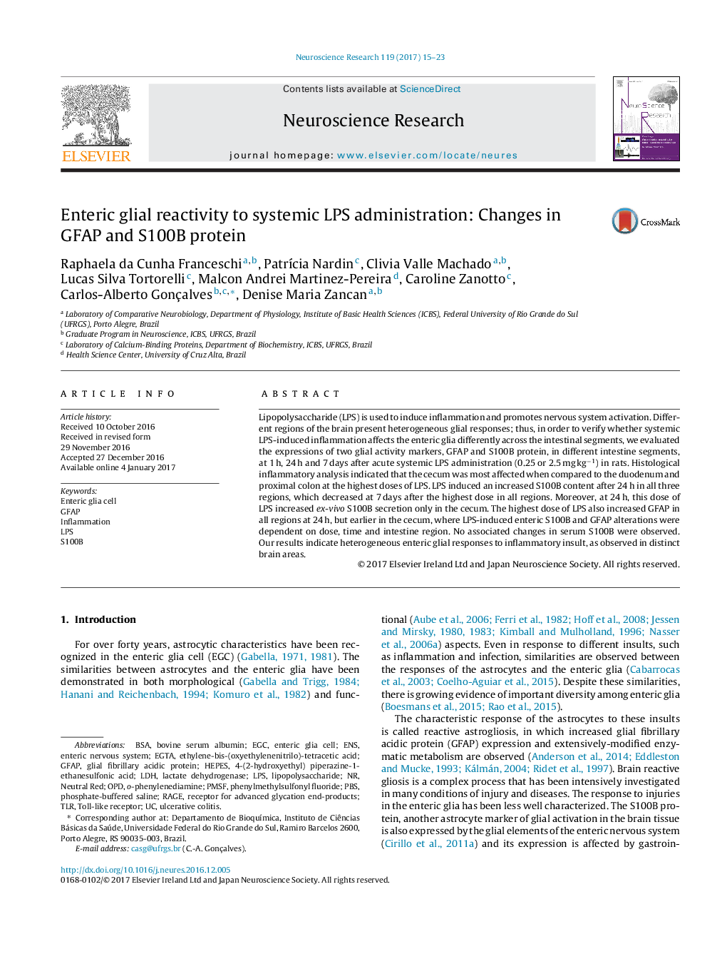 Enteric glial reactivity to systemic LPS administration: Changes in GFAP and S100B protein