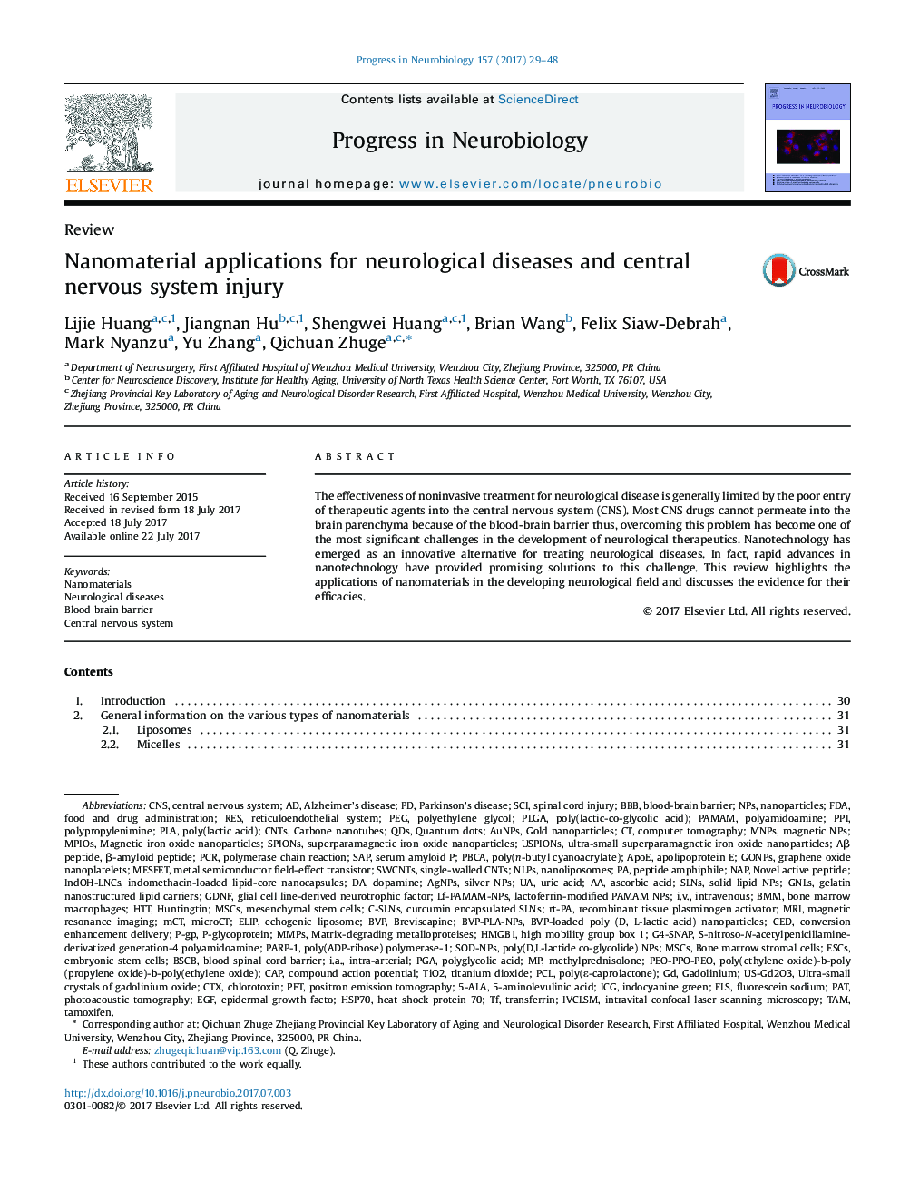 Review articleNanomaterial applications for neurological diseases and central nervous system injury
