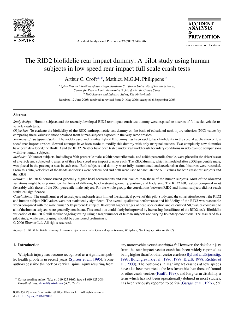 The RID2 biofidelic rear impact dummy: A pilot study using human subjects in low speed rear impact full scale crash tests