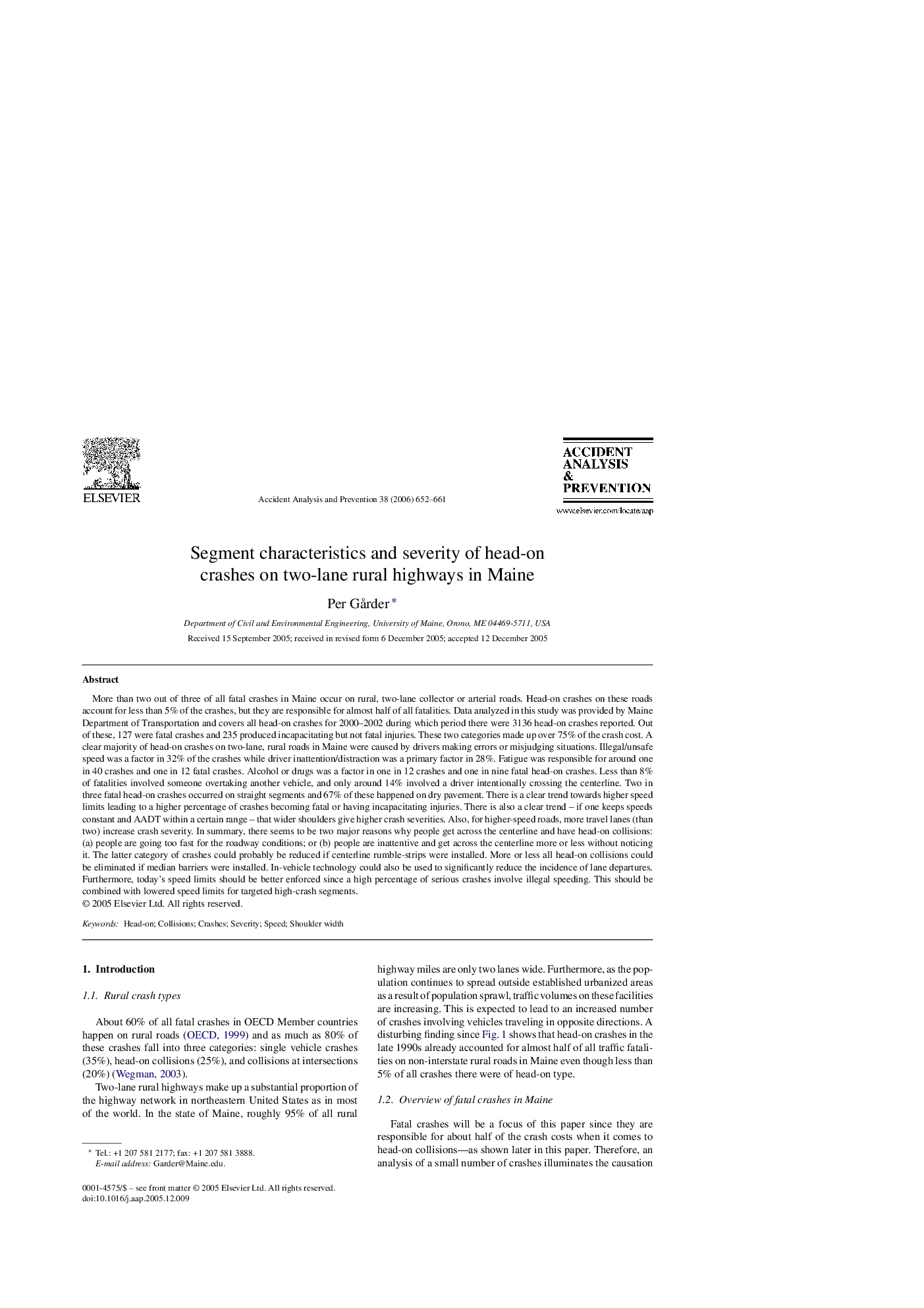 Segment characteristics and severity of head-on crashes on two-lane rural highways in Maine