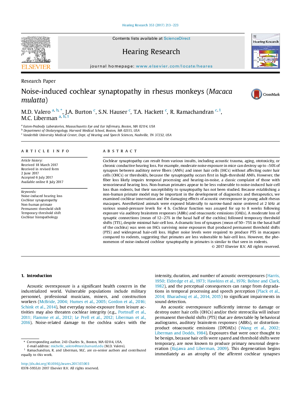 Research PaperNoise-induced cochlear synaptopathy in rhesus monkeys (Macaca mulatta)