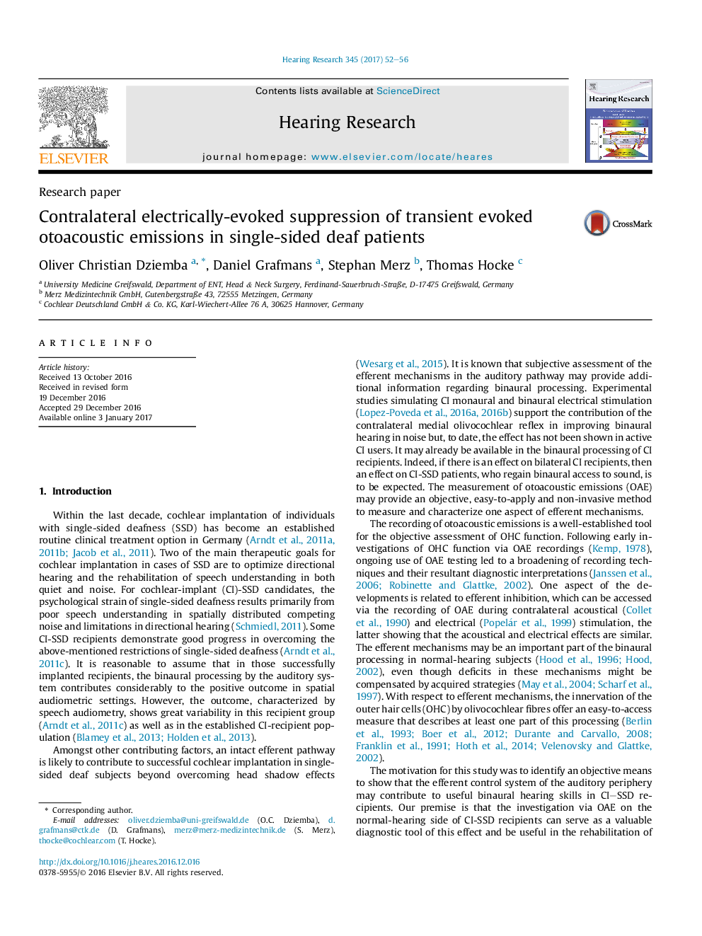 Research paperContralateral electrically-evoked suppression of transient evoked otoacoustic emissions in single-sided deaf patients