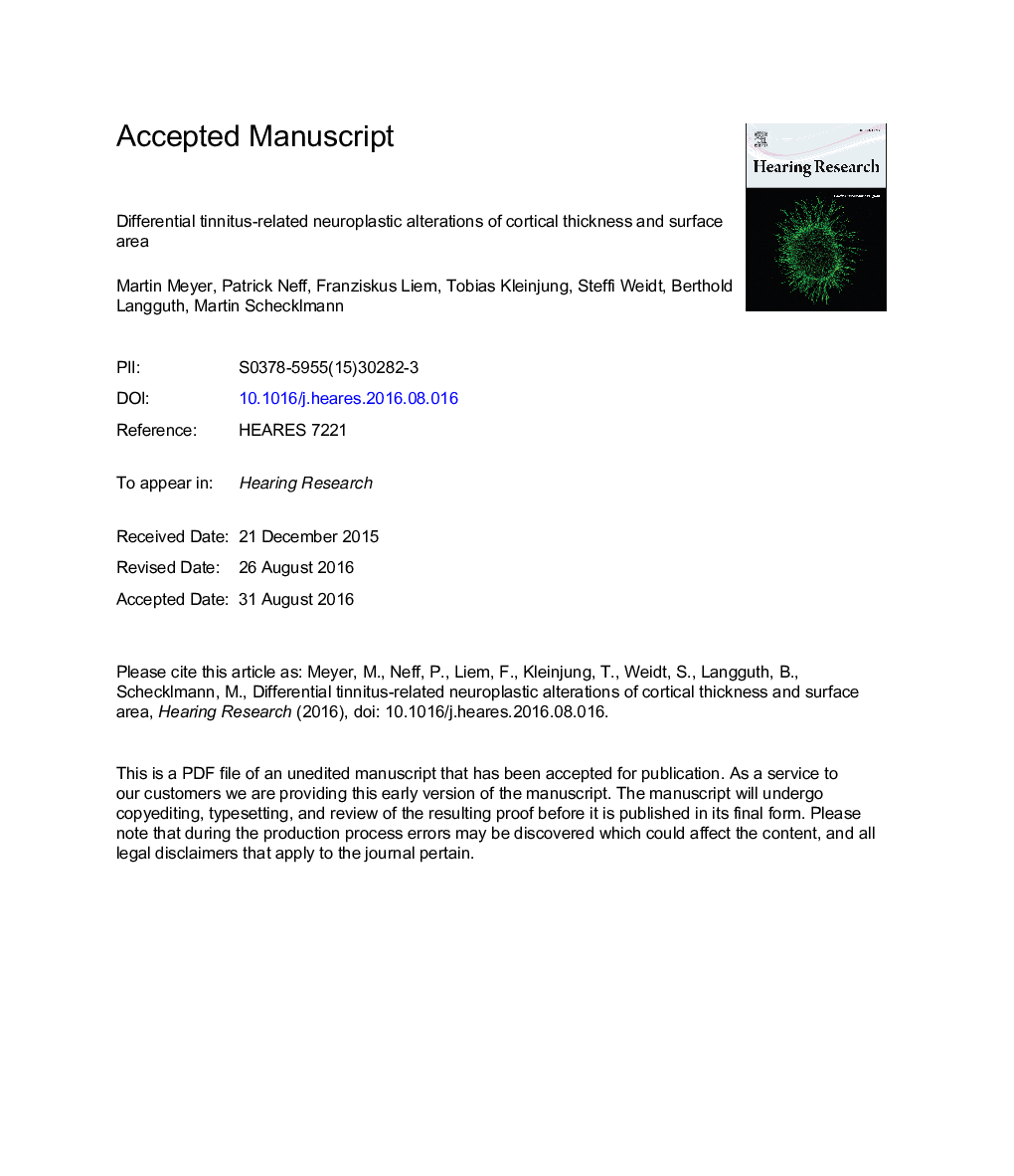 Differential tinnitus-related neuroplastic alterations of cortical thickness and surface area