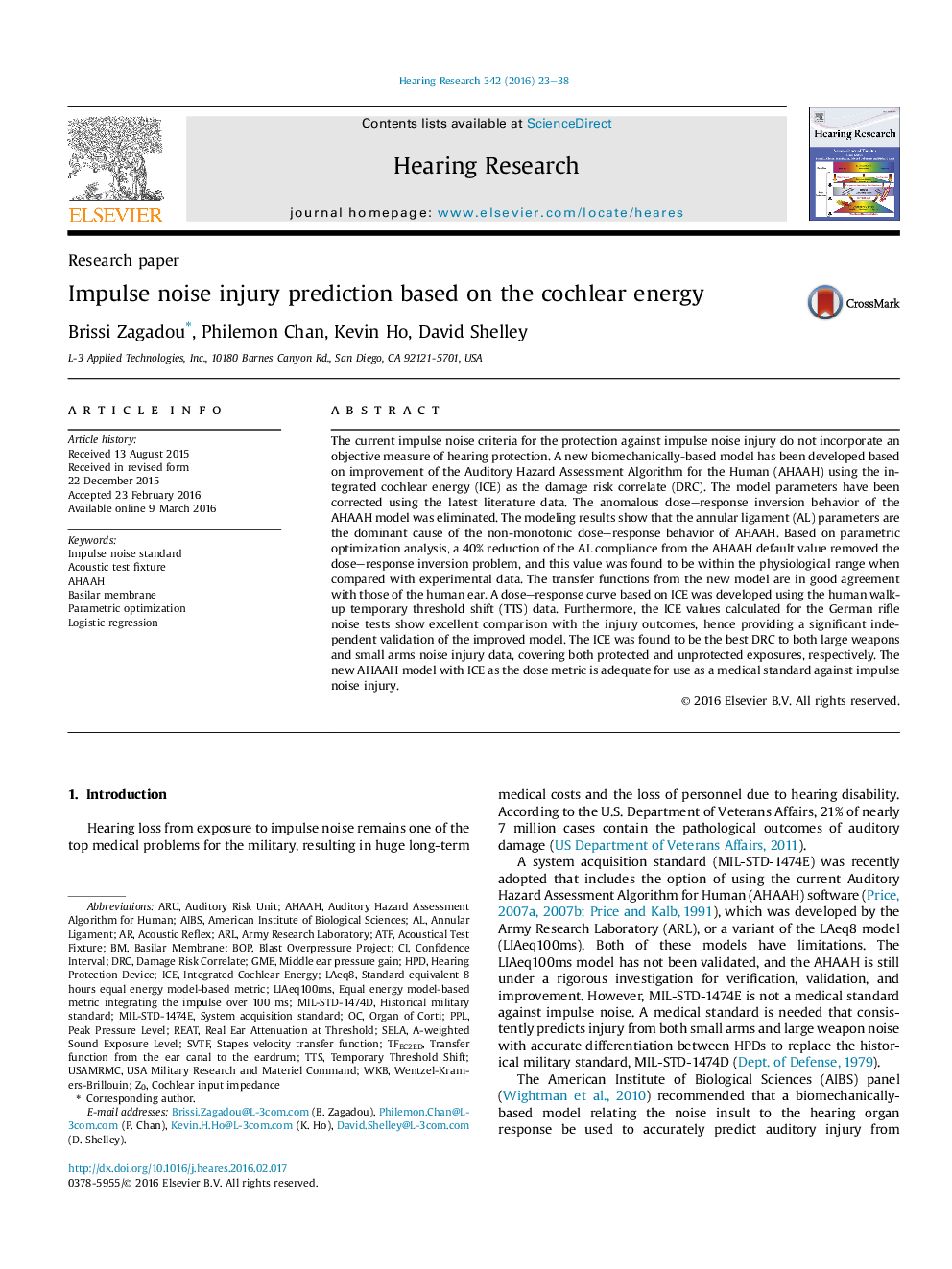 Research paperImpulse noise injury prediction based on the cochlear energy