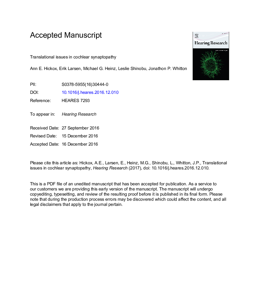 Translational issues in cochlear synaptopathy