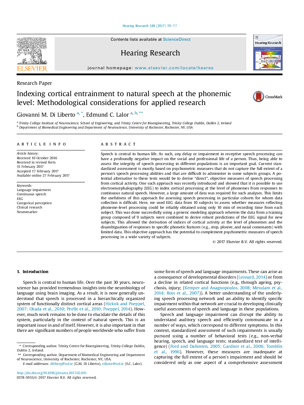 Research PaperIndexing cortical entrainment to natural speech at the phonemic level: Methodological considerations for applied research