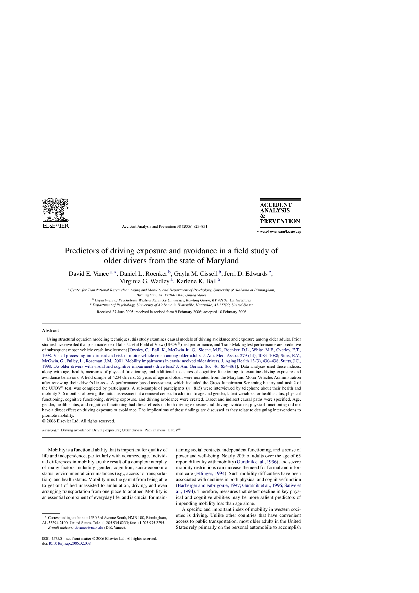 Predictors of driving exposure and avoidance in a field study of older drivers from the state of Maryland