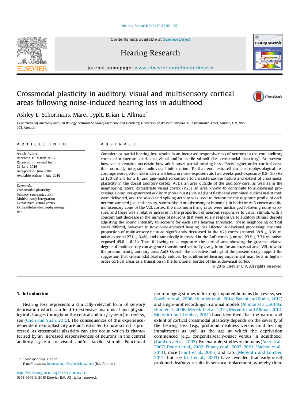 Crossmodal plasticity in auditory, visual and multisensory cortical areas following noise-induced hearing loss in adulthood