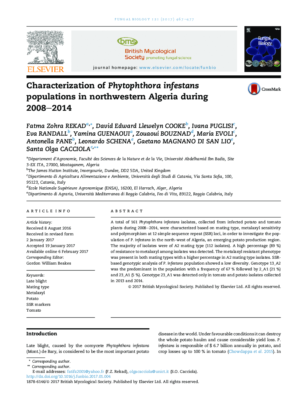 Characterization of Phytophthora infestans populations in northwestern Algeria during 2008-2014