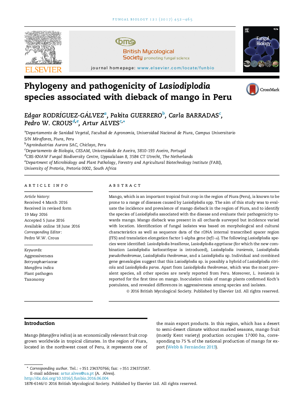 عکس صفحه اول مقاله: Phylogeny and pathogenicity of Lasiodiplodia species associated with dieback of mango in Peru Phylogeny and pathogenicity of Lasiodiplodia species associated with dieback of mango in Peru