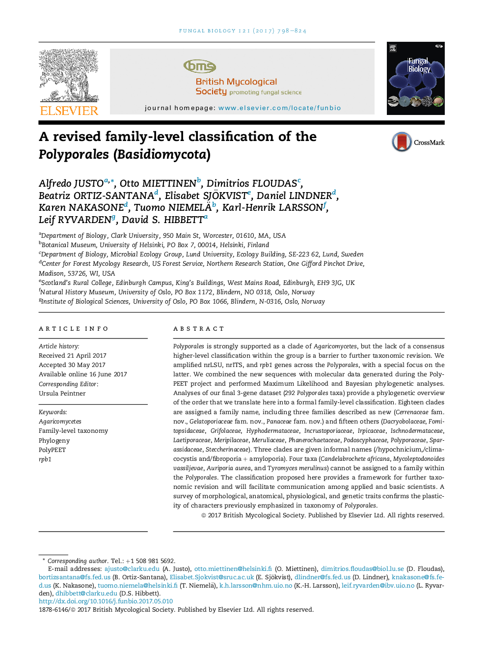 A revised family-level classification of the Polyporales (Basidiomycota)