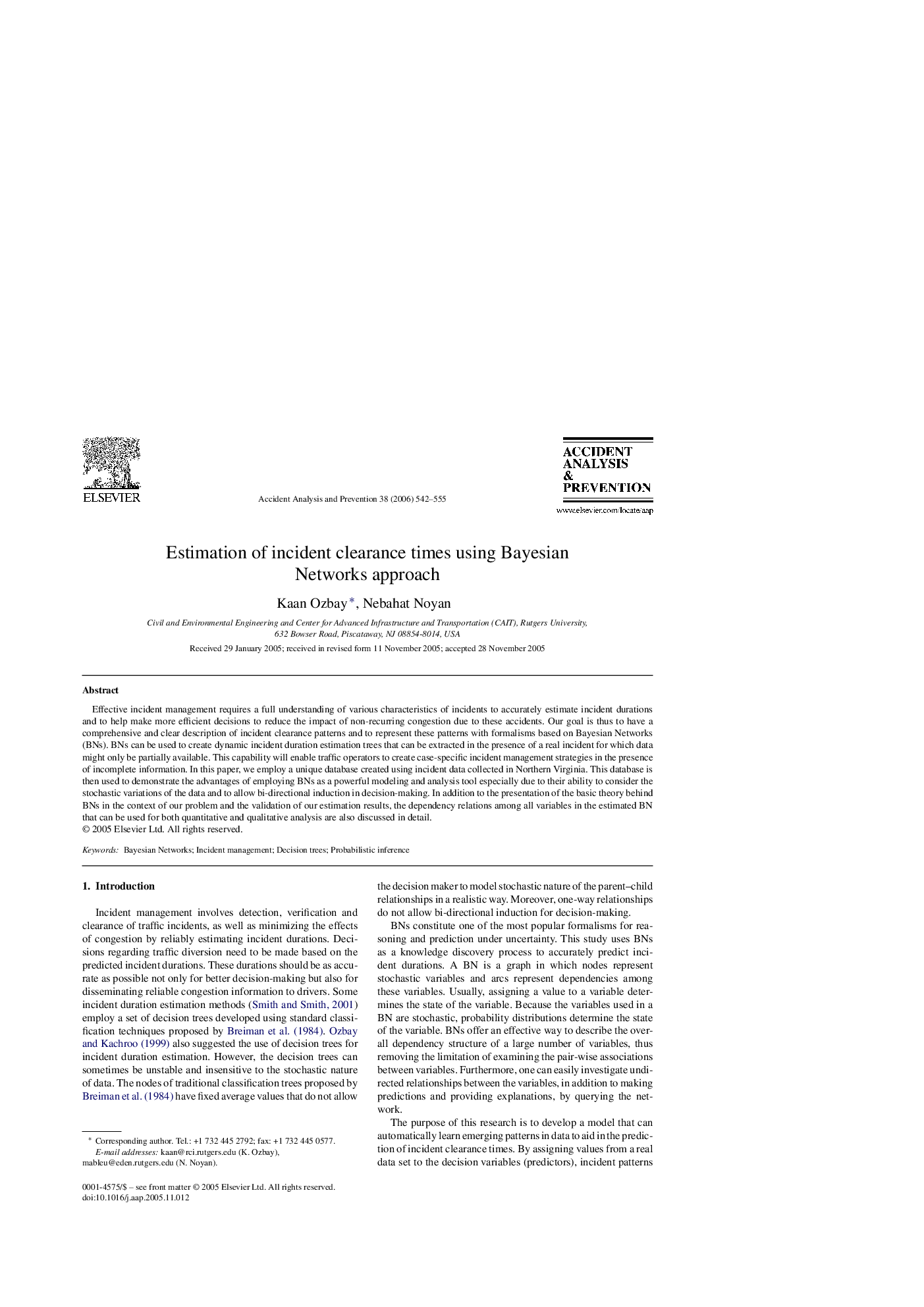 Estimation of incident clearance times using Bayesian Networks approach