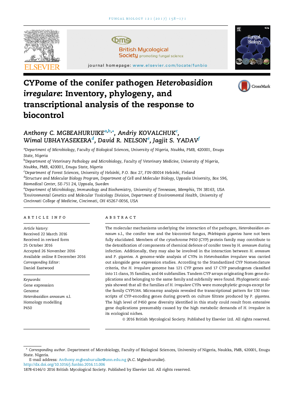 CYPome of the conifer pathogen Heterobasidion irregulare: Inventory, phylogeny, and transcriptional analysis of the response to biocontrol