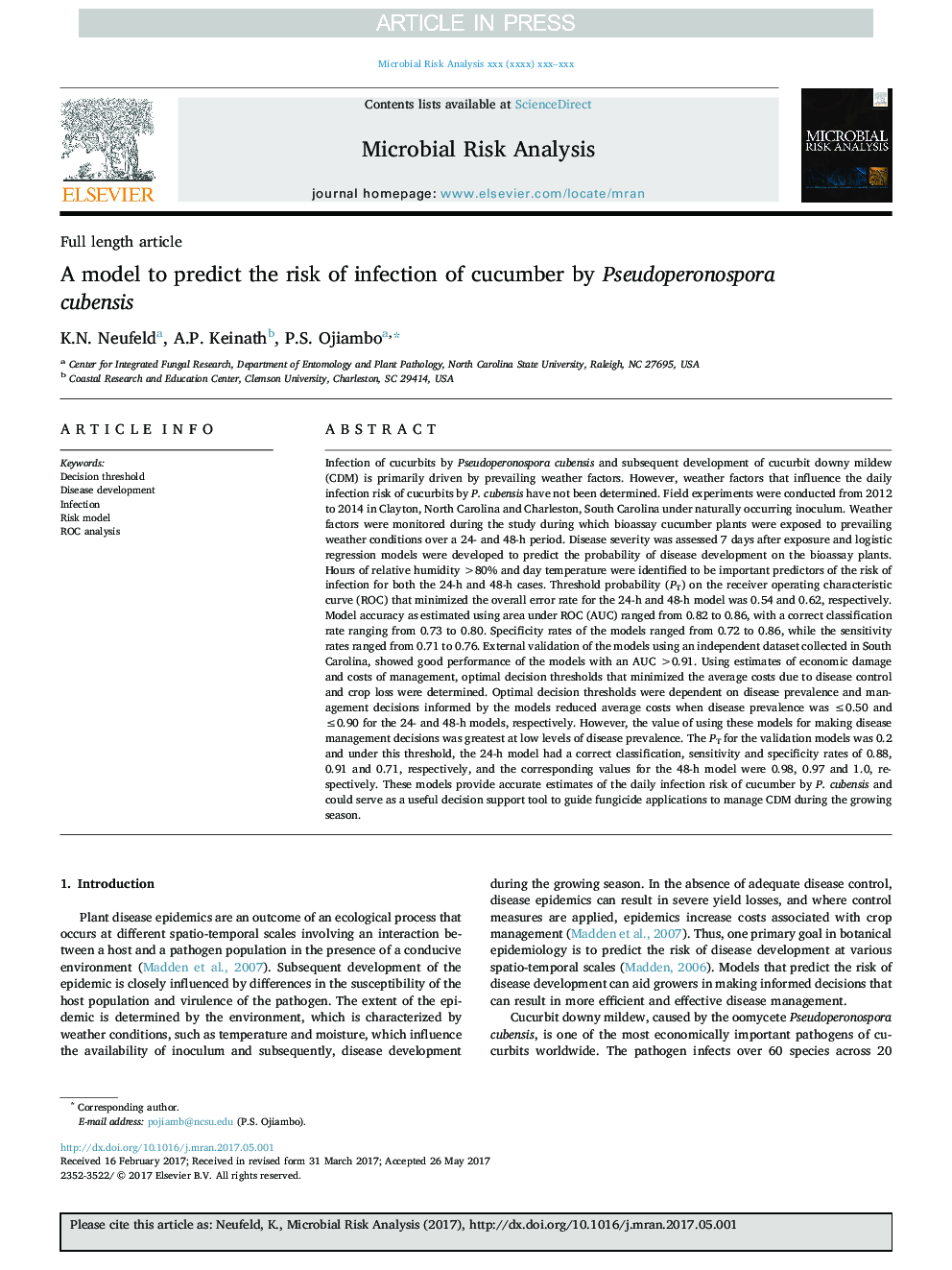 A model to predict the risk of infection of cucumber by Pseudoperonospora cubensis