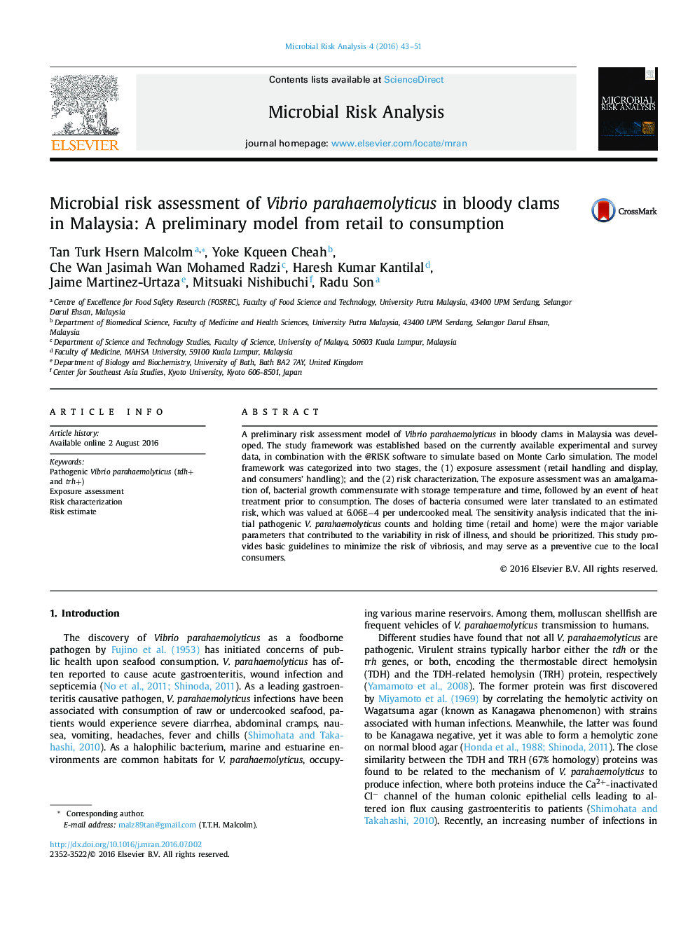 Microbial risk assessment of Vibrio parahaemolyticus in bloody clams in Malaysia: A preliminary model from retail to consumption