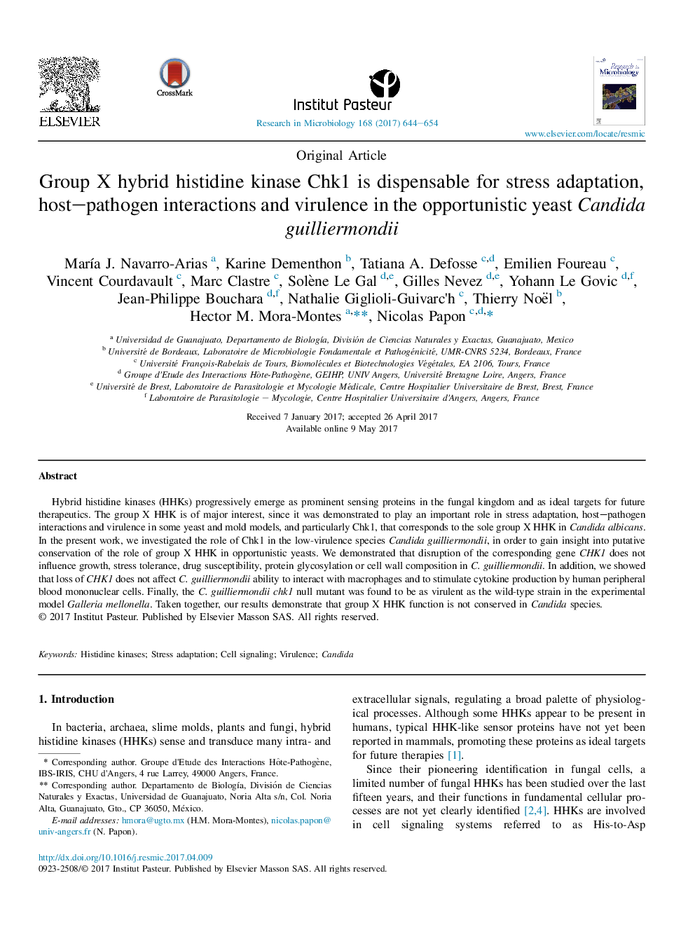 Original ArticleGroup X hybrid histidine kinase Chk1 is dispensable for stress adaptation, host-pathogen interactions and virulence in the opportunistic yeast Candida guilliermondii