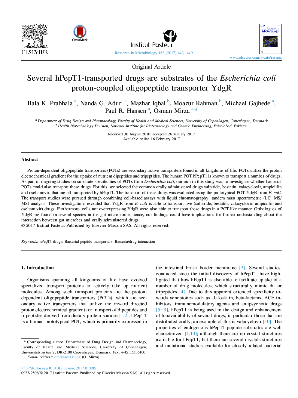 Original ArticleSeveral hPepT1-transported drugs are substrates of the Escherichia coli proton-coupled oligopeptide transporter YdgR